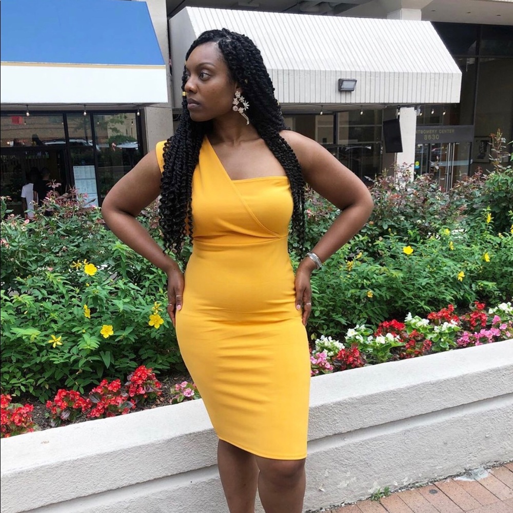 Yellow One Shoulder Draped Midi Dress